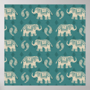 Elephant Teal Caravan Mönster Poster