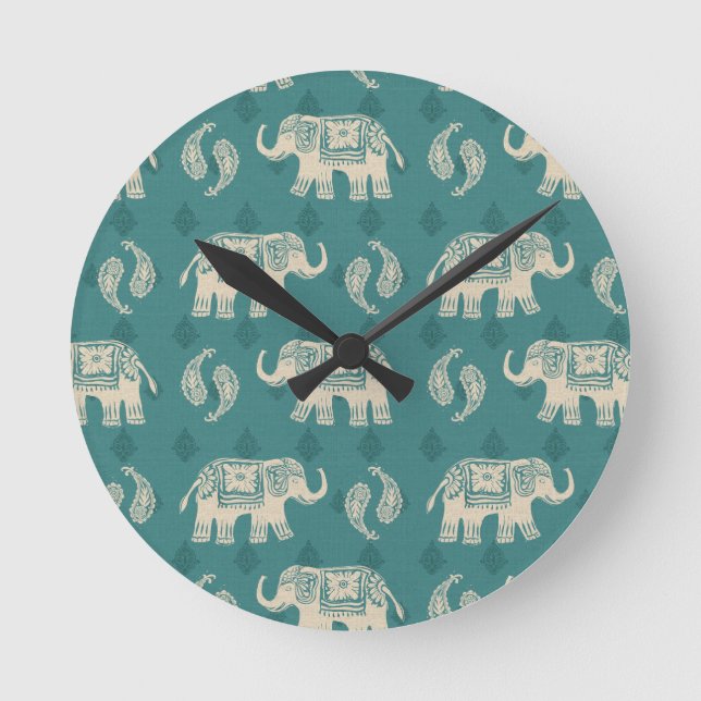 Elephant Teal Caravan Mönster Rund Klocka (Framsida)
