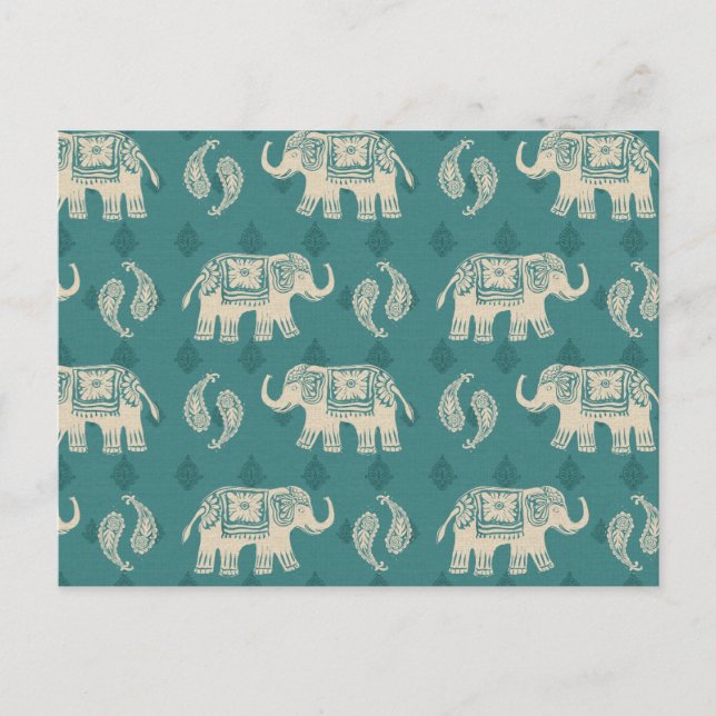 Elephant Teal Caravan Mönster Vykort (Framsida)