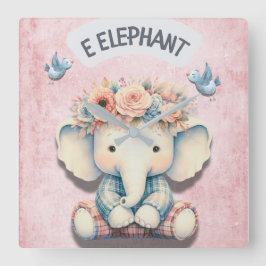 Elephant-Thated Nursery: Adsible Décor Wall Clock Fyrkantig Klocka