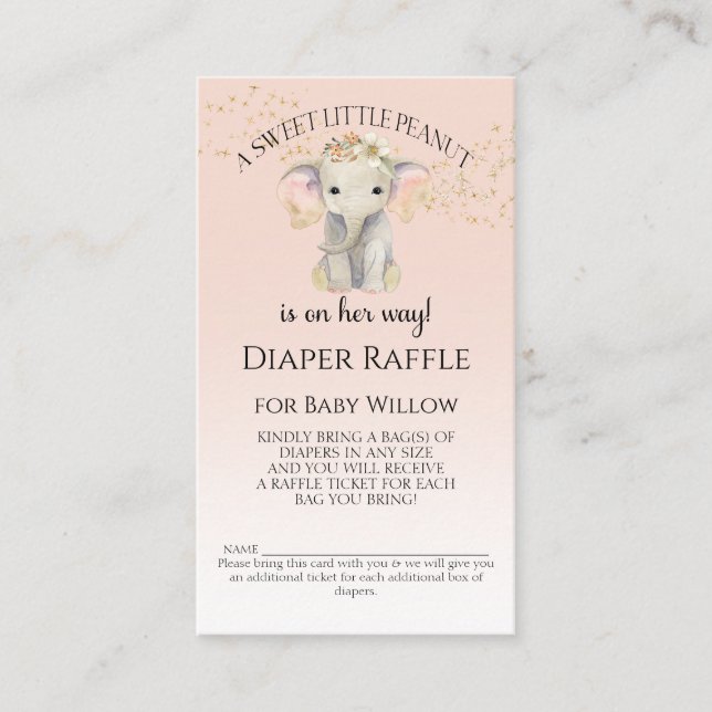 Elephant ThBäste Diaper Raffle Flicka Shower Visitkort (Framsida)