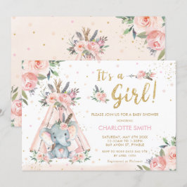 Elephant Tribal  Blommigt Girl Baby Shower Inbjudningar