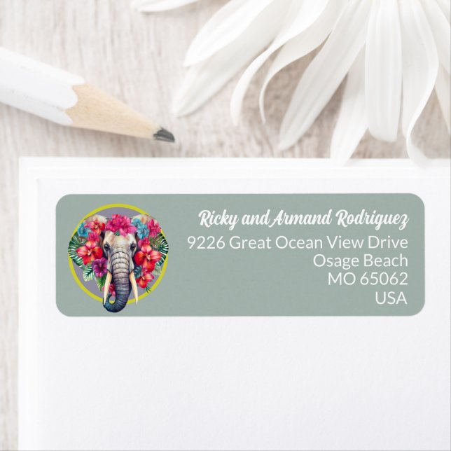 Elephant tropical flowers lovers blue custom returadress etikett (Insitu)
