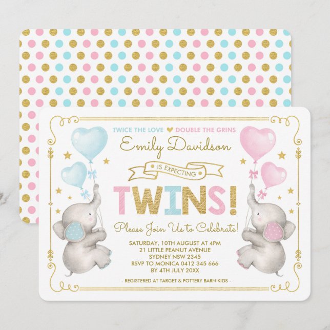 Elephant Twillingar Baby Shower Blue Rosa Guld Boy Inbjudningar (Fram/baksida)