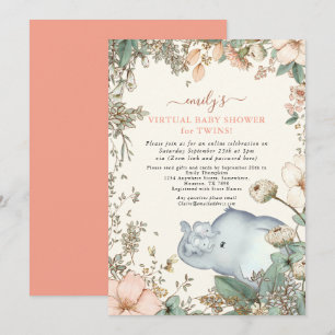 Elephant Twillingar Blommigts Coral Virtuell Baby Inbjudningar