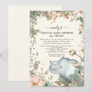 Elephant Twillingar Blommigts Cream Virtuell Baby  Inbjudningar