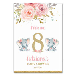 Elephant Twillingar Girls Baby Shower Rosa Blommig Bordsnummer