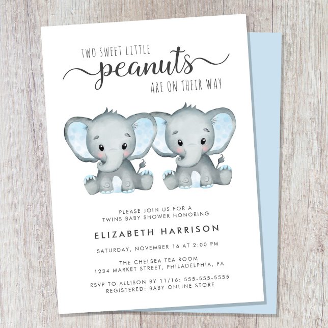 Elephant Twin Boys Baby Shower Inbjudningar (Cute twin boys baby shower invitation)