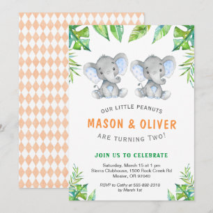 Elephant Twin Boys Birthday Little Peanuts Party Inbjudningar