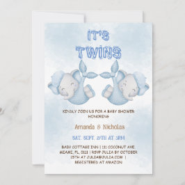 Elephant Twin Boys Dusty Blue Baby Shower Inbjudningar