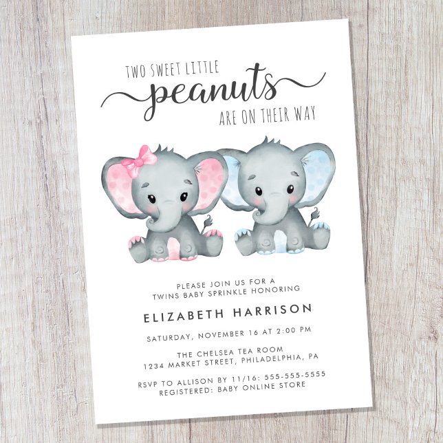 Elephant Twin Girl Boy Baby Sprinkle Inbjudningar (Cute twin boy and girl baby sprinkle invitation)