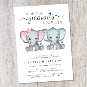 Elephant Twin Girl Boy Shower Inbjudningar