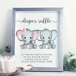 Elephant Twin Girl Boy Shower Raffle Poster