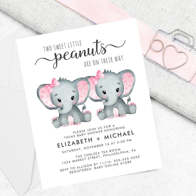 Elephant Twin Girls Baby Par Shower-inbjudan (Skapare uppladdad)