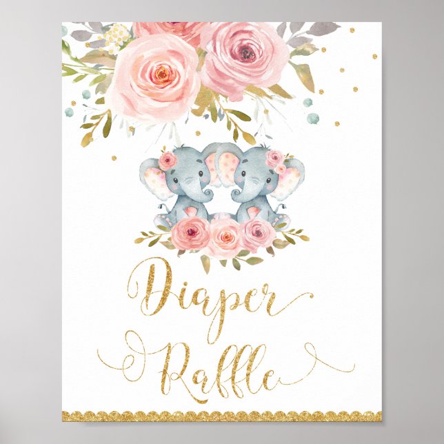 Elephant Twin Girls Baby Shower Diaper Raffle Sign Poster (Framsidan)