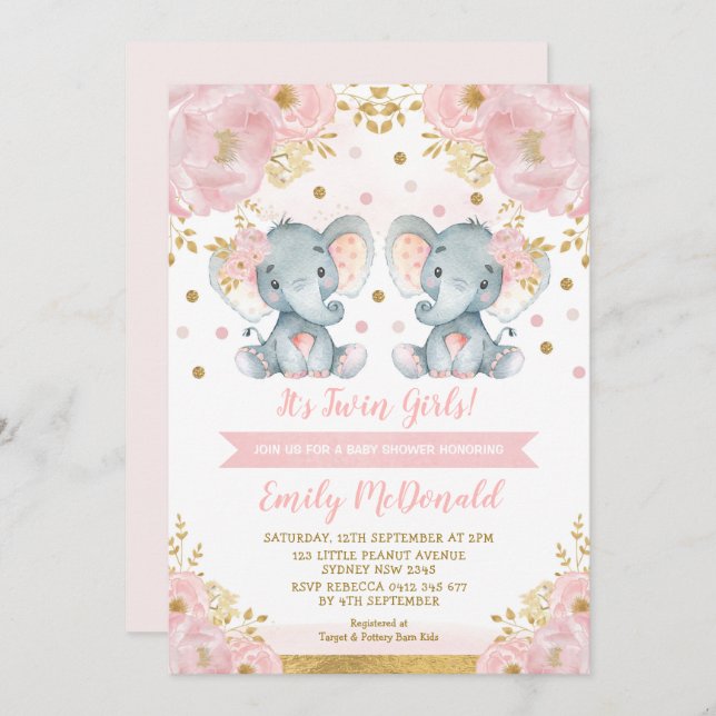 Elephant Twin Girls Baby Shower Rosa Guld Blommigt Inbjudningar (Fram/baksida)