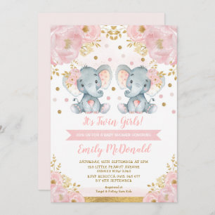 Elephant Twin Girls Baby Shower Rosa Guld Blommigt Inbjudningar