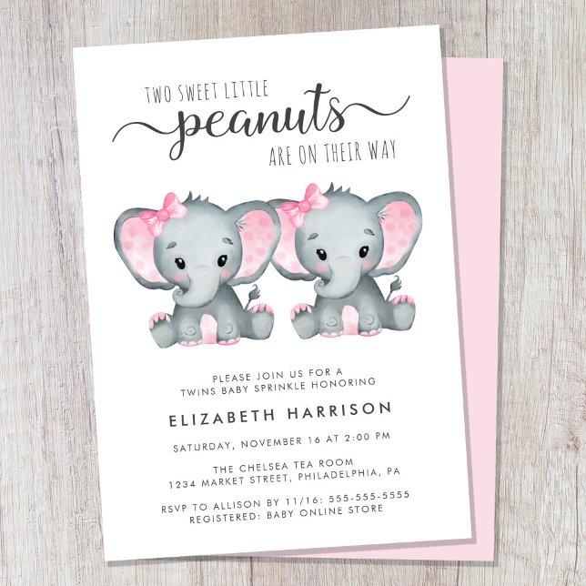 Elephant Twin Girls Baby Sprinkle Inbjudningar (Cute twin girls baby sprinkle invitation)