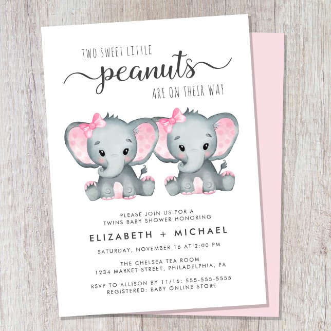 Elephant Twin Girls Par Baby Shower Inbjudningar (Cute twin girls couples baby shower invitation)