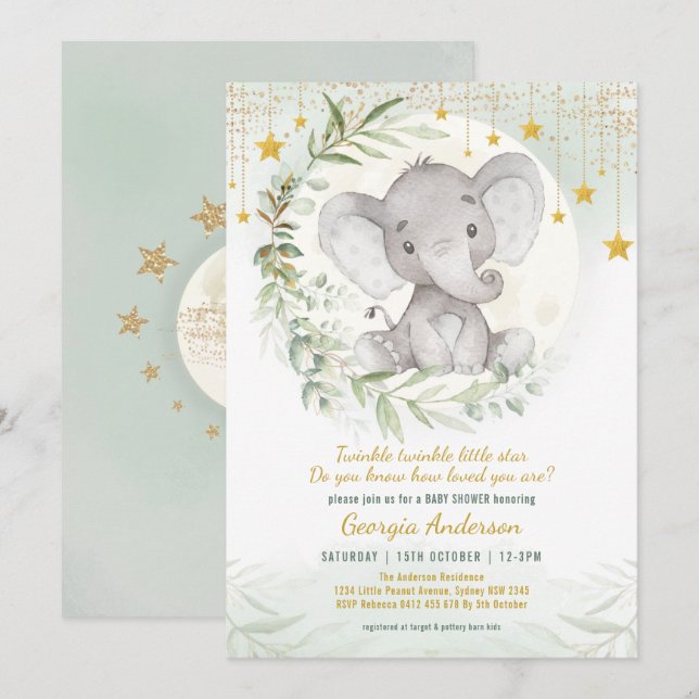 Elephant Twinkle Little Star Greenery Baby Shower Inbjudningar (Fram/baksida)