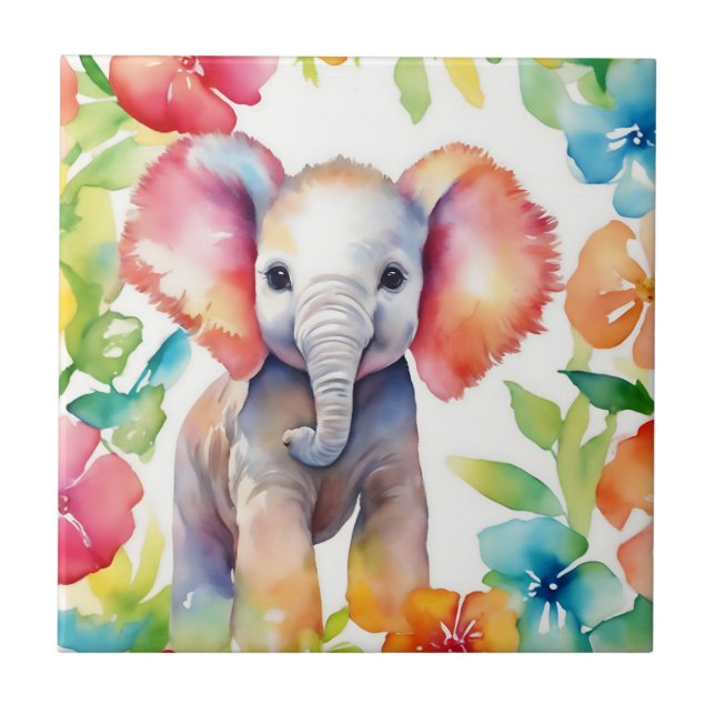 Elephant Vibrant Watercolor Kakelplatta (Framsidan)
