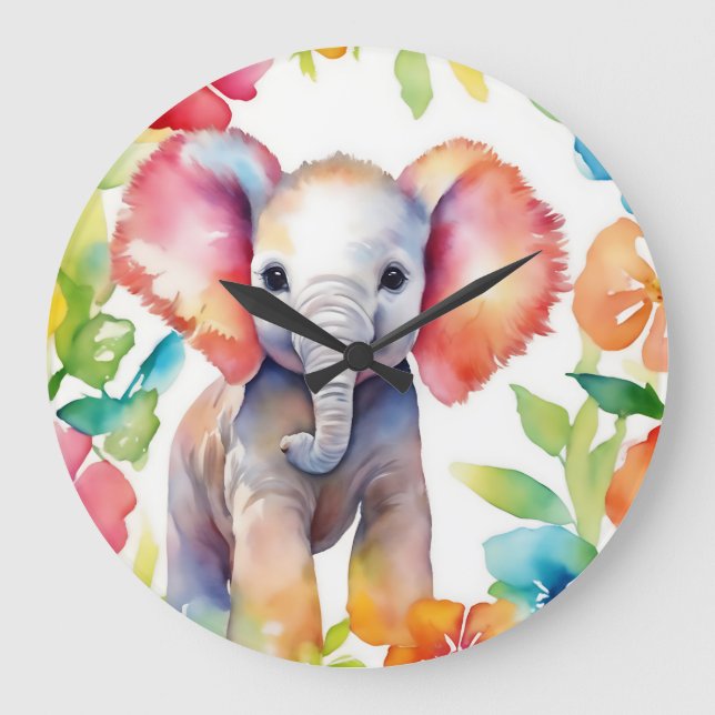 Elephant Vibrant Watercolor Stor Klocka (Framsida)