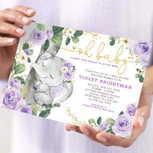 Elephant Violet Lila Blommigt Garden Baby Shower Inbjudningar