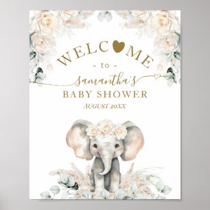 Elephant Vit ros Boho Pampas Flicka Shower Poster