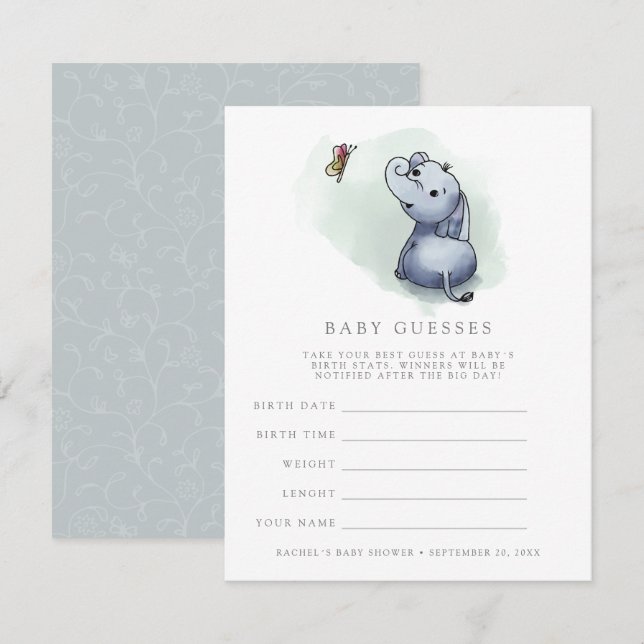 Elephant w butterfly Baby dusch-spel Inbjudningar (Fram/baksida)