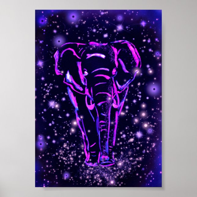 Elephant Walking Poster Lila Rosa Nattmålning (Framsidan)
