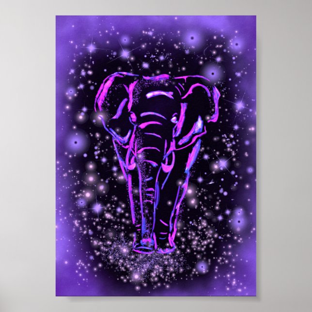 Elephant Walking Poster Starry Night Lila Rosa (Framsidan)