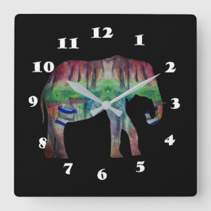 Elephant Watercolor Art Fyrkantig Klocka