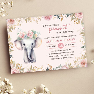 Elephant Watercolor Blommigt Girl Baby Shower Inbjudningar