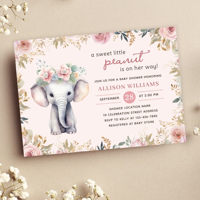 Elephant Watercolor Blommigt Girl Baby Shower Inbjudningar (Skapare uppladdad)