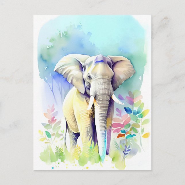 Elephant Watercolor Porträtt 4 Vykort (Framsida)