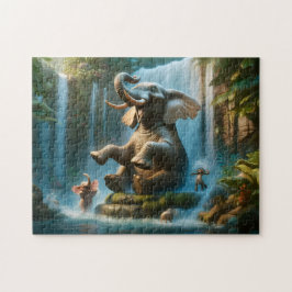 Elephant Waterfall Playful Jungle Animals Pussel