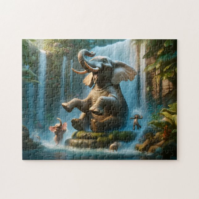 Elephant Waterfall Playful Jungle Animals Pussel (Horisontell)