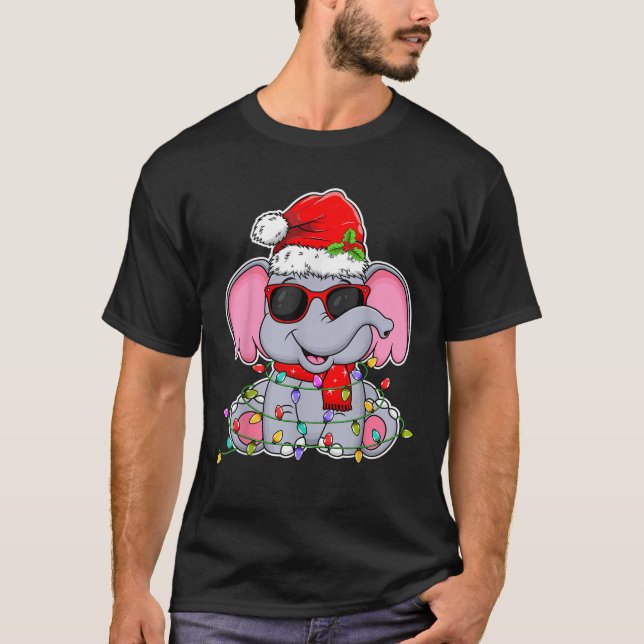 Elephant Wearing Glasses Santa Hat Elephant Lover  T Shirt (Framsida)