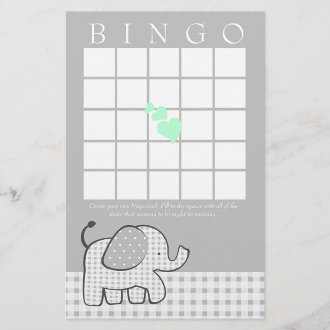 Elephant with Mint Grönt Hearts Gingham Bingo Card (Framsida)