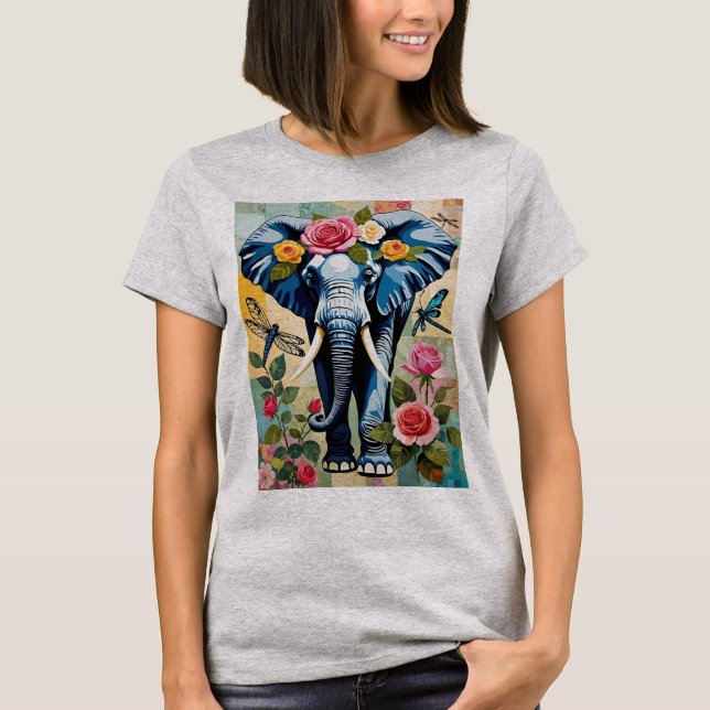 Elephant With Roses And Dragonflies Patchwork T Shirt (Framsida)