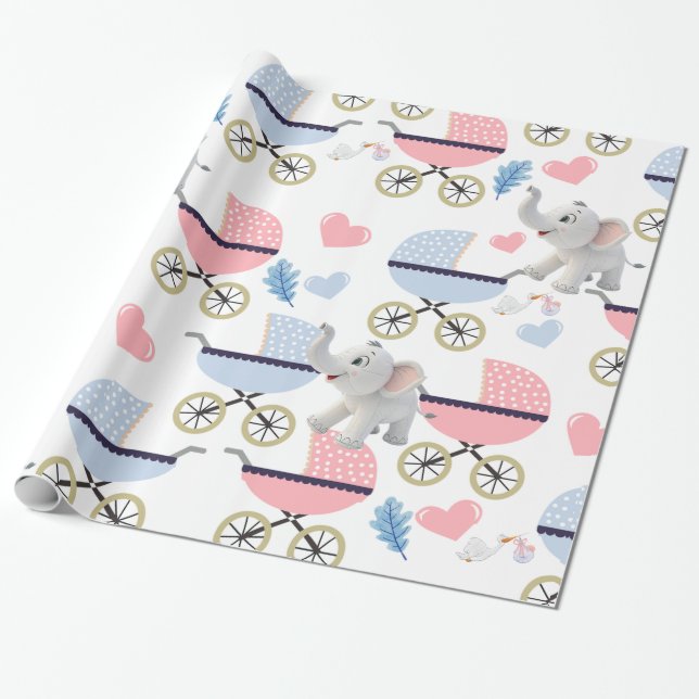 Elephant Wrapping Paper Baby Stroller Pink & Blue  Presentpapper (Utrullad)