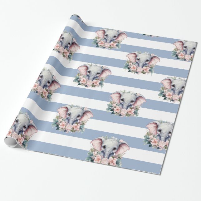 Elephant Wrapping Paper Blue & White Stripe  Presentpapper (Utrullad)