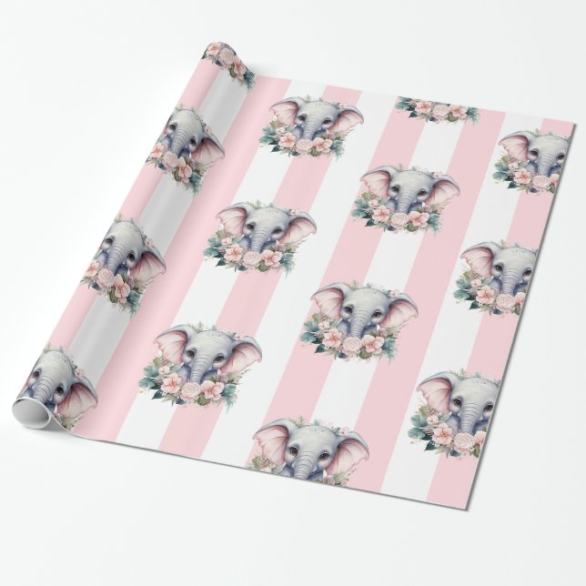 Elephant Wrapping Paper Pink & White Stripe  Presentpapper (Utrullad)