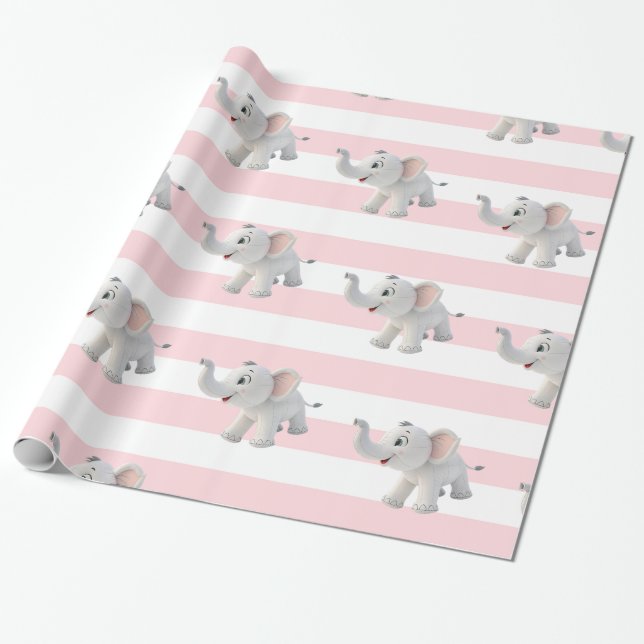 Elephant Wrapping Paper Pink & White Stripe  Presentpapper (Utrullad)