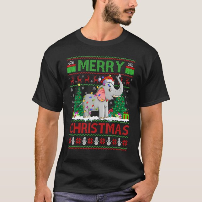 Elephant   Xmas Tree Light Ugly Santa Elephant Chr T Shirt (Framsida)