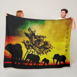Elephants African Colorful Sunset Anpassade Fleecefilt