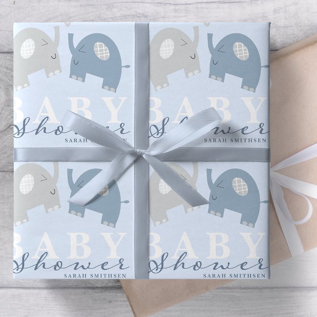 Elephants Baby Shower Dusty Blue Presentpapper (Skapare uppladdad)