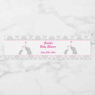 Elephants Baby Shower Flaska Label Girl Rosa Grått Vattenflaskor Etikett