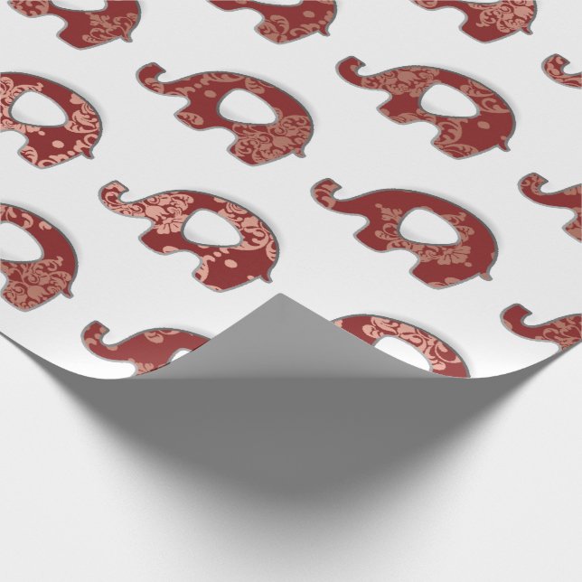 Elephants Blommigt Grått Burgundy Copper Oriental Presentpapper (Hörn)