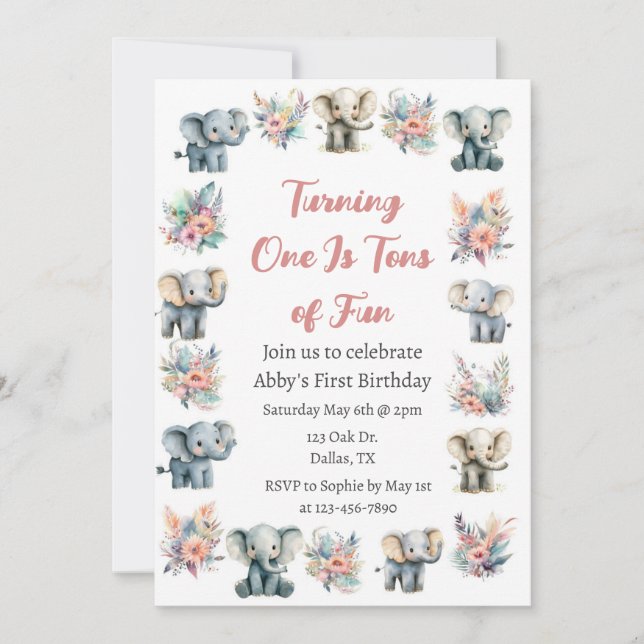 Elephants & Boho Jungle Flowers Birthday Inbjudningar (Framsida)
